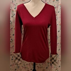 NWOT Burberry Burgundy Nova V Neck Cotton Blend Long Sleeve Shirt Top SZ S
